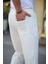 Erkek Cizgili Dokuma Krep Jogger Buggy Pantalon Rahat Kalıp - Beyaz 1