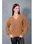 Kadın Bej Sakal Iplik Önü Boncuk Nakışlı Balon Kollu V Yaka Triko Kazak 3
