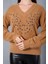 Kadın Bej Sakal Iplik Önü Boncuk Nakışlı Balon Kollu V Yaka Triko Kazak 6