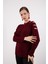 Kadın Bordo Omuzları Kesik Detaylı Reglan Kollu Simli Triko Kazak 1