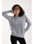 Kadın Gri Sakal Iplik Boncuk Nakışlı Bisiklet Yaka Triko Bluz 2
