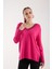 Kadın Fuşya Kontrast Biyeli ve Yan Yırtmaçlı V Yaka Triko Bluz 1