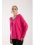Kadın Fuşya Kontrast Biyeli ve Yan Yırtmaçlı V Yaka Triko Bluz 2