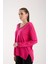 Kadın Fuşya Kontrast Biyeli ve Yan Yırtmaçlı V Yaka Triko Bluz 3