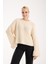 Kadın Ekru Selanik Örgü Bisiklet Yaka Simli Oversize Triko Kazak 2
