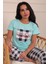 Kadın Mommy Sloganlı Bisiklet Yaka Kısa Kol Altı Uzun Penye Pijama Takımı Turkuaz 2