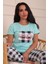 Kadın Mommy Sloganlı Bisiklet Yaka Kısa Kol Altı Uzun Penye Pijama Takımı Turkuaz 4