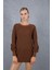 Kadın Kahve Reglan Balon Kollu Bisiklet Yaka Simli Triko Kazak 2