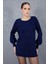 Kadın Koyu Laci Reglan Balon Kollu Bisiklet Yaka Simli Triko Kazak 3