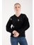 Kadın Siyah Sakal Iplik Önü Aksesuarlı Balon Kollu V Yaka Triko Kazak 2