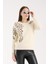 Kadın Ekru Sakal Iplik Boncuk Nakışlı Bisiklet Yaka Triko Bluz 1