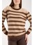 Kadın Krem-Kahve Çizgili Çapraz Kontrast Dikiş Detaylı Şönil Kadife Triko Kazak 4