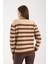 Kadın Krem-Kahve Çizgili Çapraz Kontrast Dikiş Detaylı Şönil Kadife Triko Kazak 6
