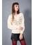 Kadın Ekru Sakal Iplik Önü Boncuk Nakışlı Balon Kollu V Yaka Triko Kazak 1