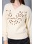 Kadın Ekru Sakal Iplik Önü Boncuk Nakışlı Balon Kollu V Yaka Triko Kazak 5