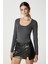 Kadın Anita Tok Doku Pamuklu Fittili Antrasit Basic Bluz 2