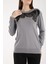 Kadın Gri Elit Viskon Kumaş Taş Detaylı Bisiklet Yaka Triko Bluz 3