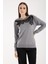 Kadın Gri Elit Viskon Kumaş Taş Detaylı Bisiklet Yaka Triko Bluz 4