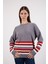 Kadın Gri Çizgili Bisiklet Yaka Şönil Kadife Triko Kazak 3
