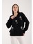 Kadın Siyah Sakal Iplik Balon Kollu Boncuk Nakışlı V Yaka Triko Kazak 1