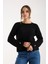 Kadın Siyah Reglan Kol ve Tek Düğmeli Manşetler Bisiklet Yaka Simli Triko Kazak 5