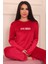 Kadın Sloganlı Uzun Kollu Paçası Manşetli Kadife Pijama Takımı 1