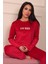 Kadın Sloganlı Uzun Kollu Paçası Manşetli Kadife Pijama Takımı 2