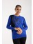 Kadın Saks Mavisi Elit Viskon Kumaş Taş Detaylı Bisiklet Yaka Triko Bluz 1