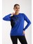 Kadın Saks Mavisi Elit Viskon Kumaş Taş Detaylı Bisiklet Yaka Triko Bluz 2