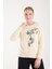 Kadın Ekru Sakal Iplik Yaprak Desenli Boncuk Nakışlı Bisiklet Yaka Triko Kazak 1