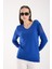 Kadın Saks Mavisi Simli Kumaş Detaylı V Yaka Triko Bluz 1