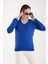 Kadın Saks Mavisi Simli Kumaş Detaylı V Yaka Triko Bluz 3
