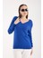 Kadın Saks Mavisi Simli Kumaş Detaylı V Yaka Triko Bluz 5