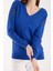 Kadın Saks Mavisi Simli Kumaş Detaylı V Yaka Triko Bluz 6