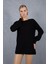 Kadın Siyah Reglan Balon Kollu Bisiklet Yaka Simli Triko Kazak 1