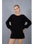 Kadın Siyah Reglan Balon Kollu Bisiklet Yaka Simli Triko Kazak 2