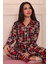 Kadın Ayıcık ve Ekose Desenli Desenli Önü Düğmeli Süet Pijama Takımı 2