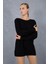 Kadın Siyah Reglan Balon Kollu Bisiklet Yaka Simli Triko Kazak 3