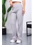 Gri Yüksek Bel Fitilli Bol Paça Triko Pantolon 4