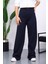 Lacivert Yüksek Bel Fitilli Bol Paça Triko Pantolon 1
