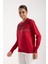 Kadın Kırmızı Elit Viskon Kumaş Taş Detaylı Bisiklet Yaka Triko Bluz 2