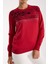 Kadın Kırmızı Elit Viskon Kumaş Taş Detaylı Bisiklet Yaka Triko Bluz 4