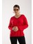 Kadın Kırmızı Kontrast Biyeli ve Yan Yırtmaçlı V Yaka Triko Bluz 1
