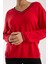 Kadın Kırmızı Kontrast Biyeli ve Yan Yırtmaçlı V Yaka Triko Bluz 5
