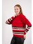 Kadın Kırmızı Çizgili Bisiklet Yaka Şönil Kadife Triko Kazak 2