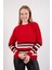 Kadın Kırmızı Çizgili Bisiklet Yaka Şönil Kadife Triko Kazak 4