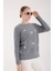 Kadın Gri Sakal Iplik Önü Aksesuarlı Bisiklet Yaka Triko Kazak 4
