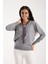 Kadın Gri Elit Viskon Kumaş Kontrast Şeritli Bisiklet Yaka Triko Bluz 2