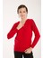 Kadın Kırmızı Simli Kumaş Detaylı V Yaka Triko Bluz 4