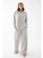 Kadın Oversize Gri Çiçek Desenli Pamuklu Kalın Pijama Takımı 2